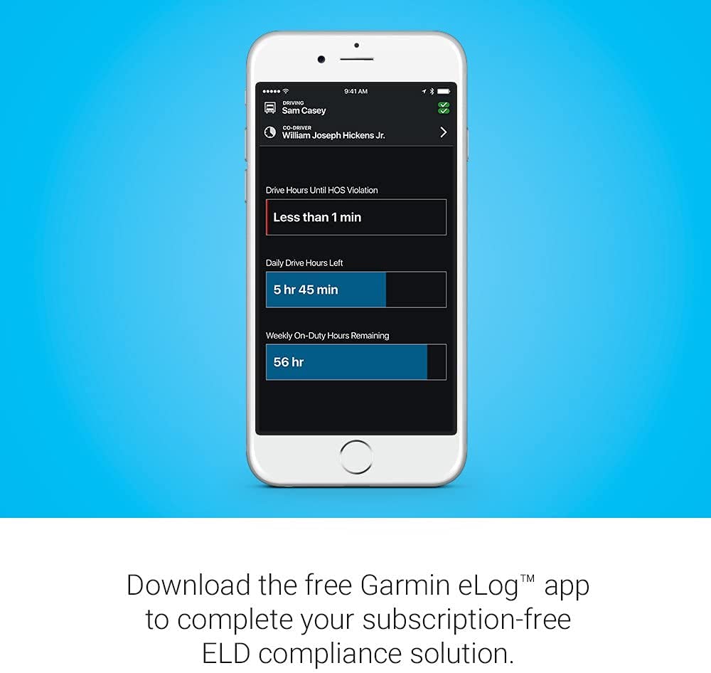 Garmin Elog, Compliant Electronic Logging Device (Eld), No-Subscription Fees, Fmcsa Compliant, Supports 9-Pin J1939 And 6-Pin J1,WBEEAB072L856YC