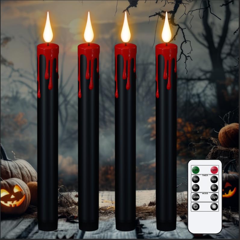 Kunswenn Halloween Black Flameless Taper Candles With Remote Timer, 4 Pcs Red Drip Wax Led Candlesticks With 3D Flickering Flame