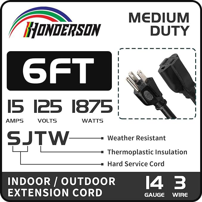 Honderson Indoor Outdoor Extension Cord Weatherproof, Ul Listed, 14 Gauge 6Ft Black 3 Prong Heavy Duty, 14/3 Sjtw 15A Power Cord