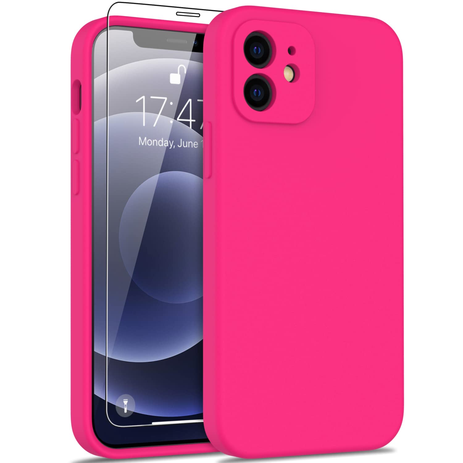 DEENAKIN Compatible with iPhone 12 Silicone Case with Screen Protector,Enhance Camera Protection,Soft Flexible Slim Fit Protecti