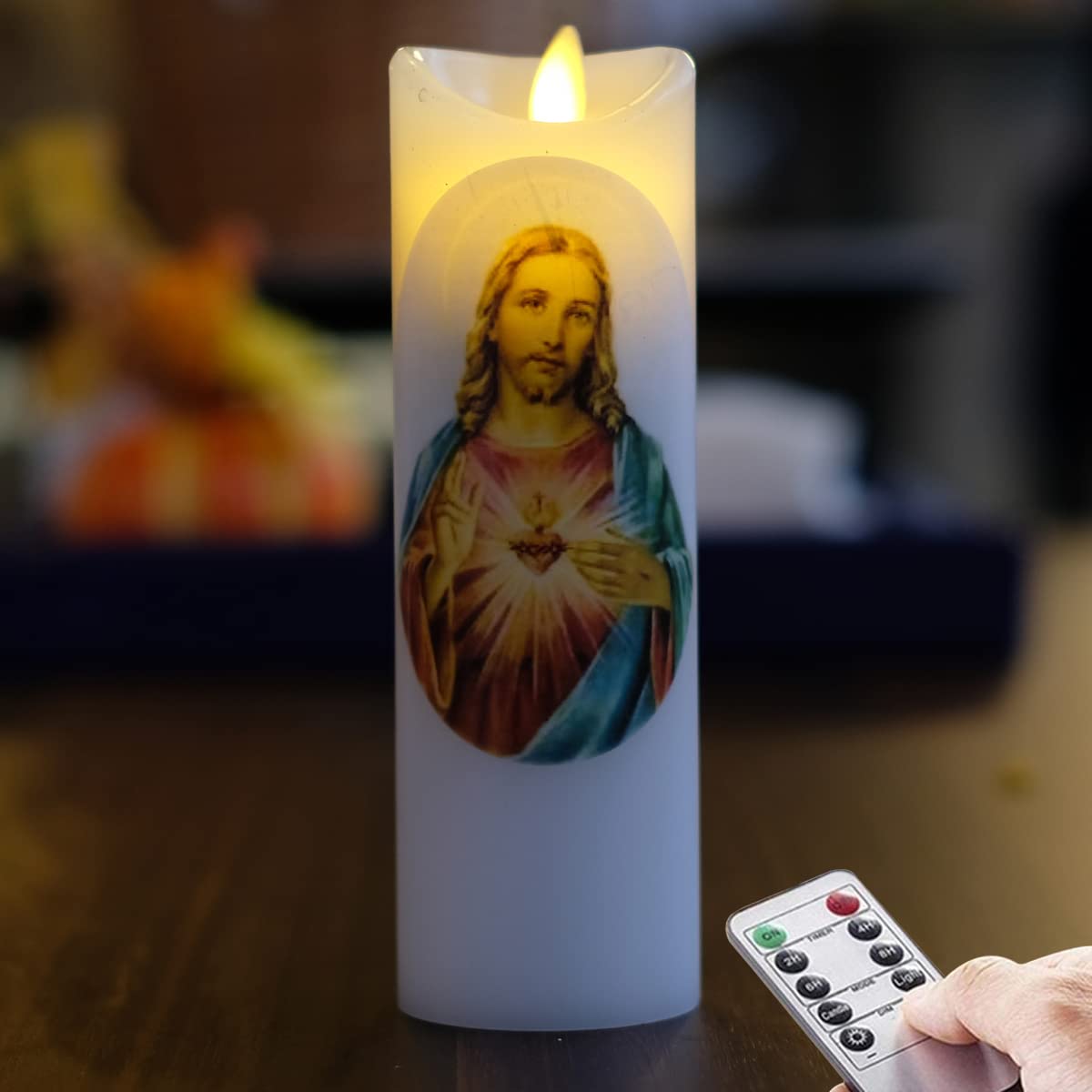 Sacred Heart Of Jesus Flameless Prayer Candle, Real Wax, Moving Wick, Jesus Devotion Flicker Bright Candles, Battery Operated Wi