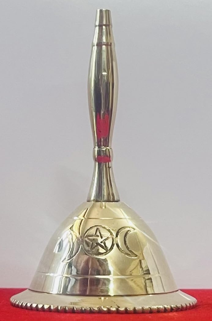 Indian Consigners Hand Bell Loud Brass Call Bells 3 Inches Altar Pendulam Use (Triple Moon Pentagram)
