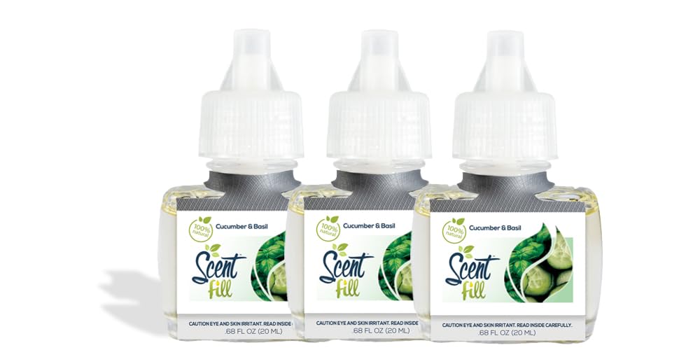 Scent Fill 100% Natural Cucumber Basil Plug In Air Freshener, Scented Oil Refills, 3 Refills