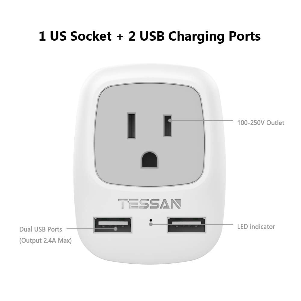 Tessan Germany France Travel Power Adapter, Schuko European Plug With 2 Usb, Type E F Outlet Adaptor Charger For Us To Europe Eu