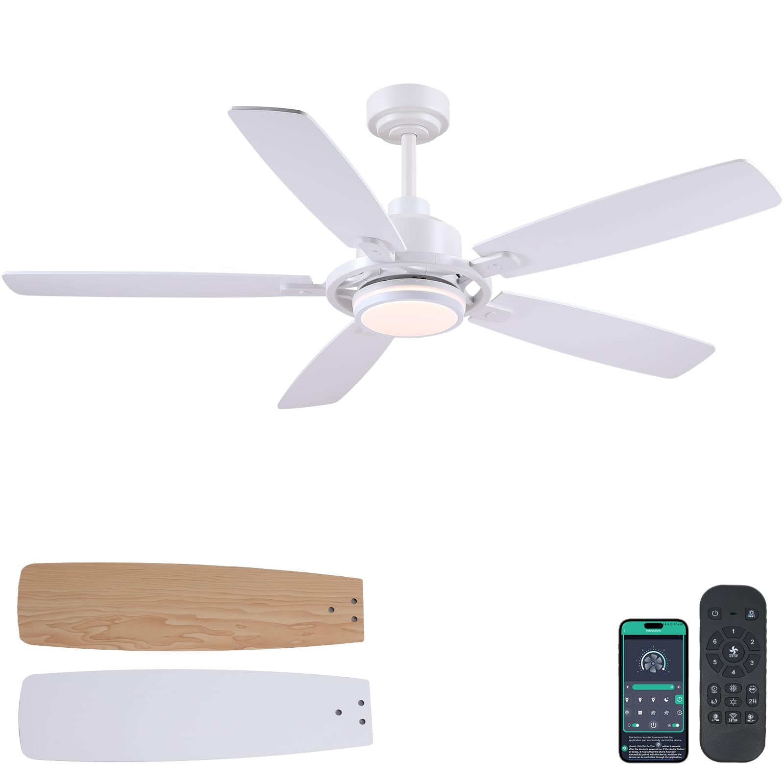 SHIHOT 54 White Ceiling Fans with Lights and Remote, Modern Bedroom Ceiling Fans with 3 Colors 6 Speeds, Reversible DC Motor