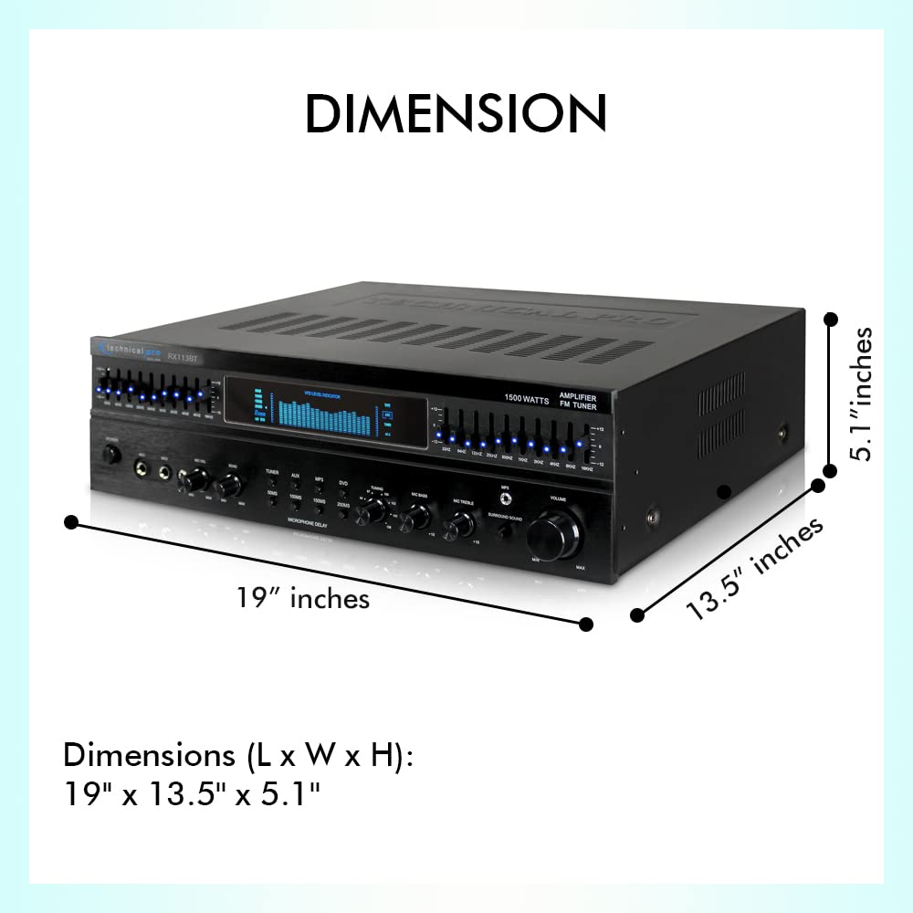 Technical Pro Professional 1500 Watts Power Bluetooth Receiver With Built-In Equalizer, 5.1 Channel Home Theater, Dual Mic Input