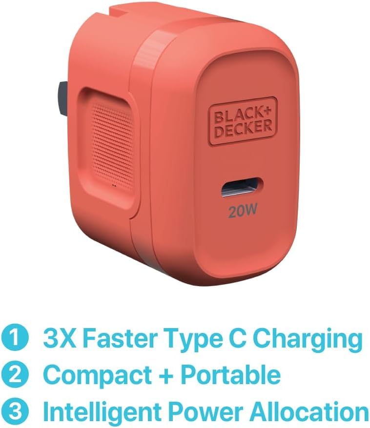 Black+Decker Gan Pd Wall Charger, 1-Port, 20W Type C Wall Plug, Compact Power Block Usb C, Type-C Fast Charging For Iphone 16/15