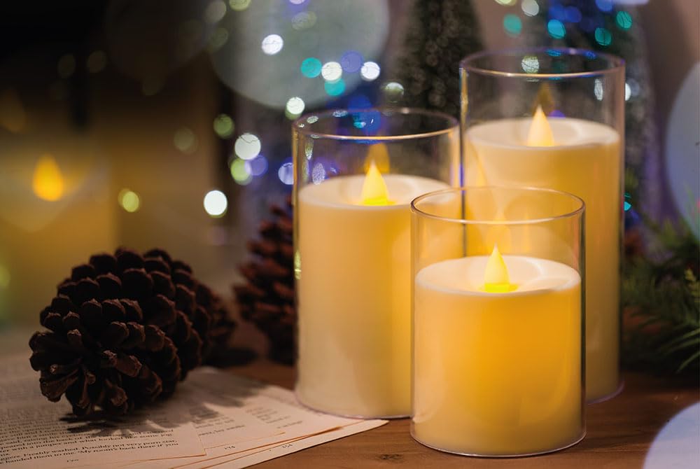 Glowing Creations Flameless Candle   Battery Operated Set Of 3 White Acrylic Candles With Remote Control For Home D  Cor, Bathro