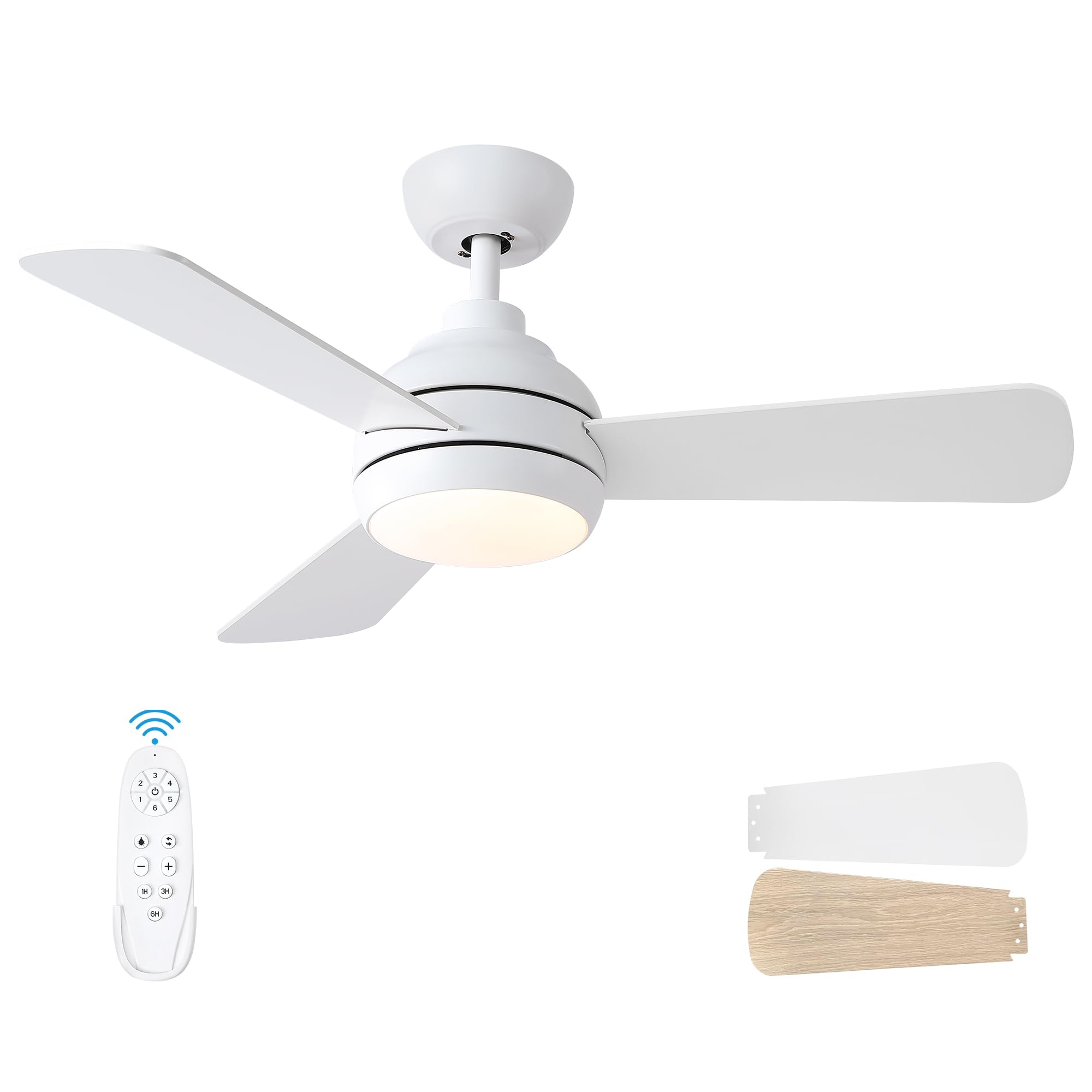 Putroad 42 Inch Ceiling Fans With Lights And Remote, Modern White Ceiling Fan With Light, Dc Reversible, 6 Speeds, 3Cct, Dimmabl