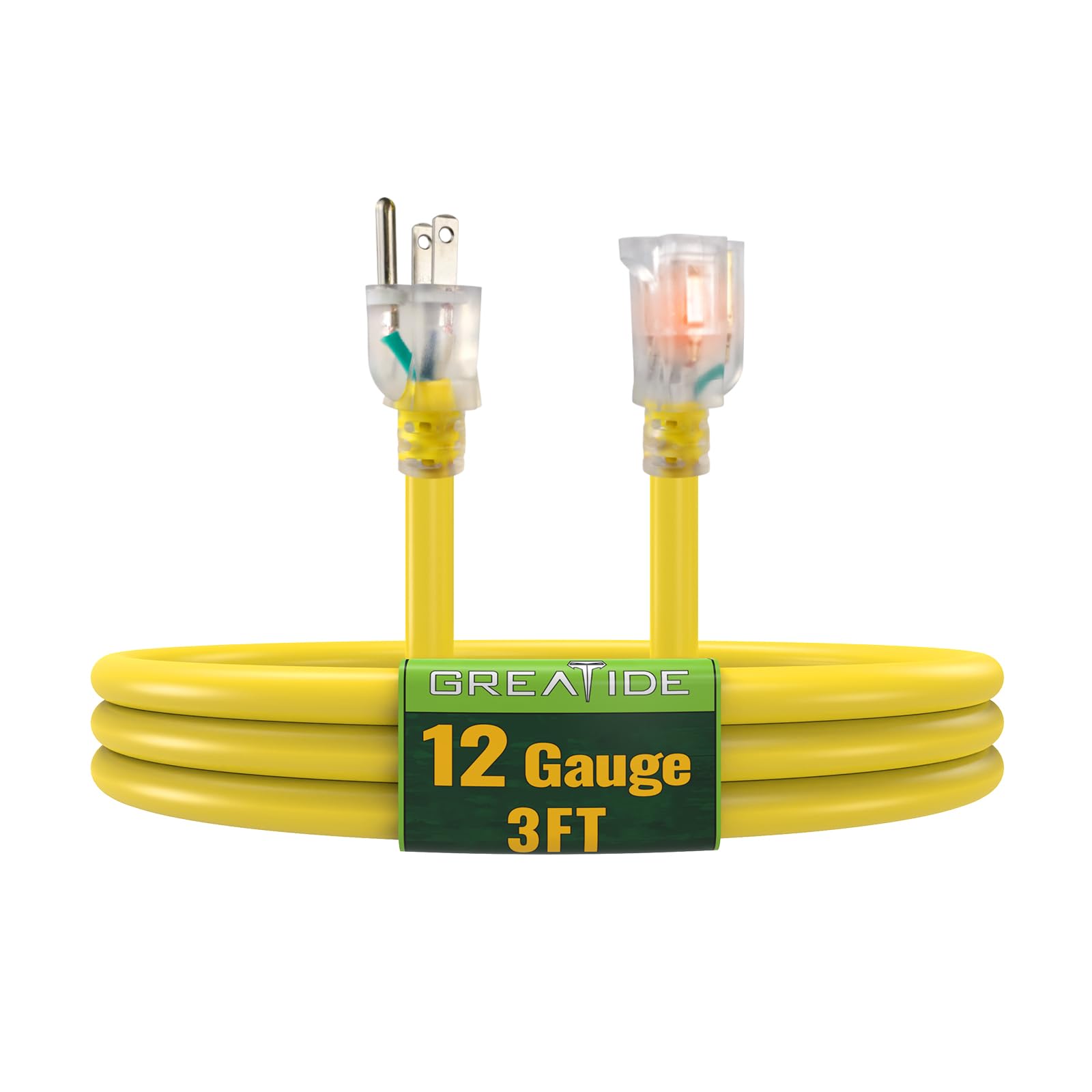 Greatide Indoor Extension Cord With Lighted End, 12 Gauge Heavy Duty Extension Cord 3 Ft, 3 Prong Grounded 15 Amp Extension Cord