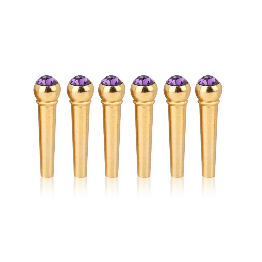 6Pcs Bridge Pin Copper Material Folk Acoustic Guitar Bridge Pin Peg Nail With Colorful Crystal Glass Dot(Purple)