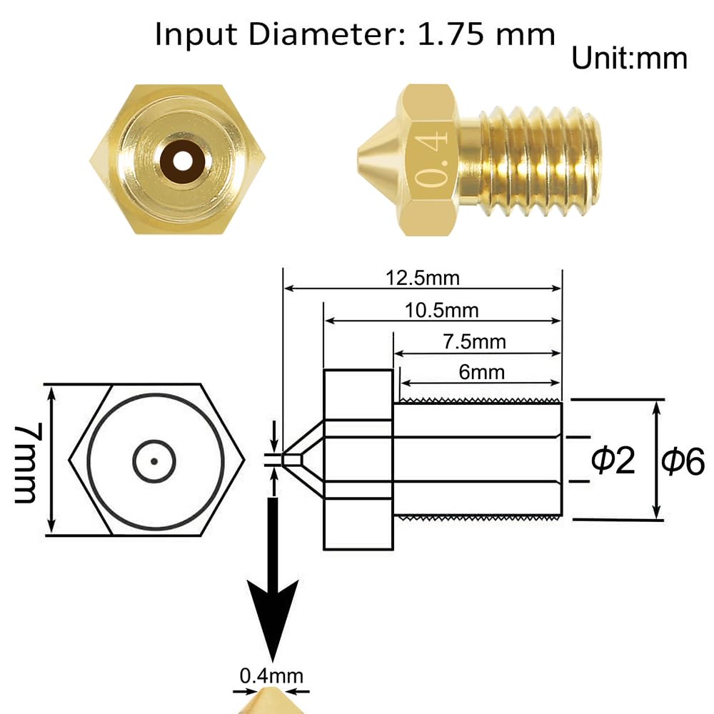 Aokin 16 Pcs Extruder Nozzles 3D Printer Brass Nozzles For E3D V5 V6 0.2Mm 0.3Mm 0.4Mm 0.5Mm 0.6Mm 0.8Mm 1.0Mm For 1.75Mm Filame