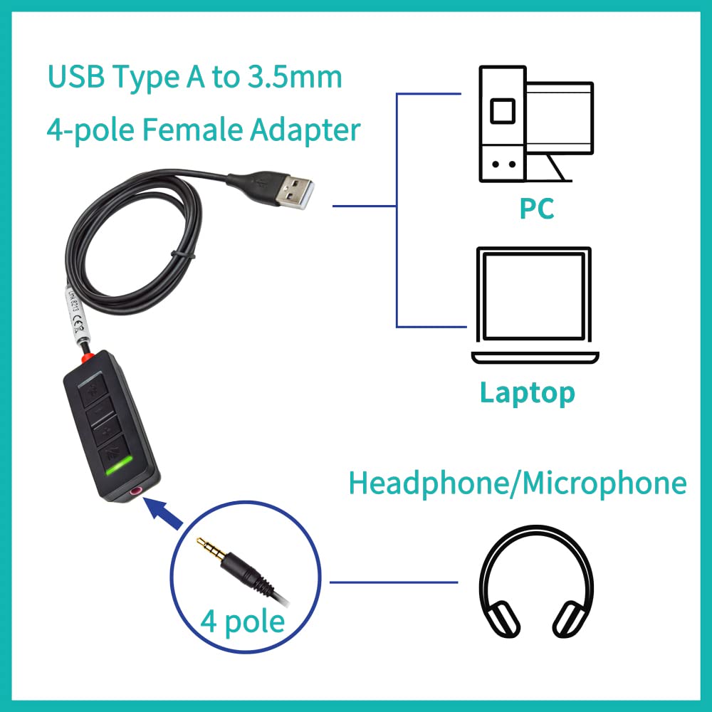 3.5 Mm To Usb Adapter Headset Headphone Cable 3.28 Ft, Mic Supported & Speaker Volume Up Down In Line For Pc Laptop Computer