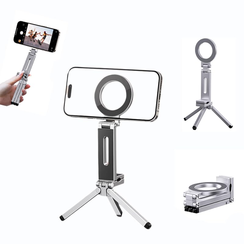 Esimen 4-in-1 Magnetic Selfie Stick Tripod for MagSafe, 360 Rotation Portable Pocket Size Phone Stand with Remote (Silver Alumin