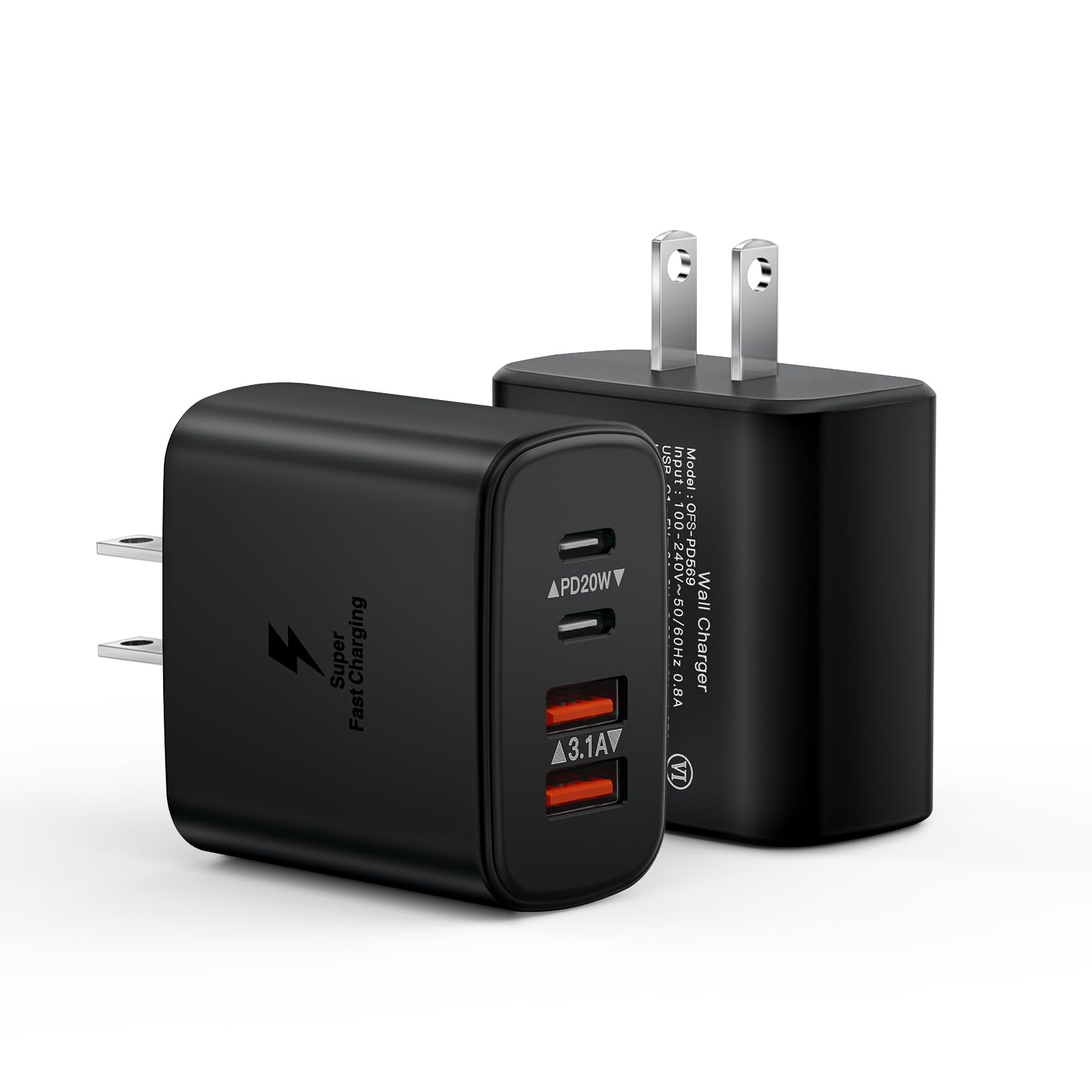 2 Pack Usb C Charger Block, 40W Fast Usb C Charging Block, 4 Port Pd Power Adapter + Qc Wall Plug Multiport Type C Charging Bloc