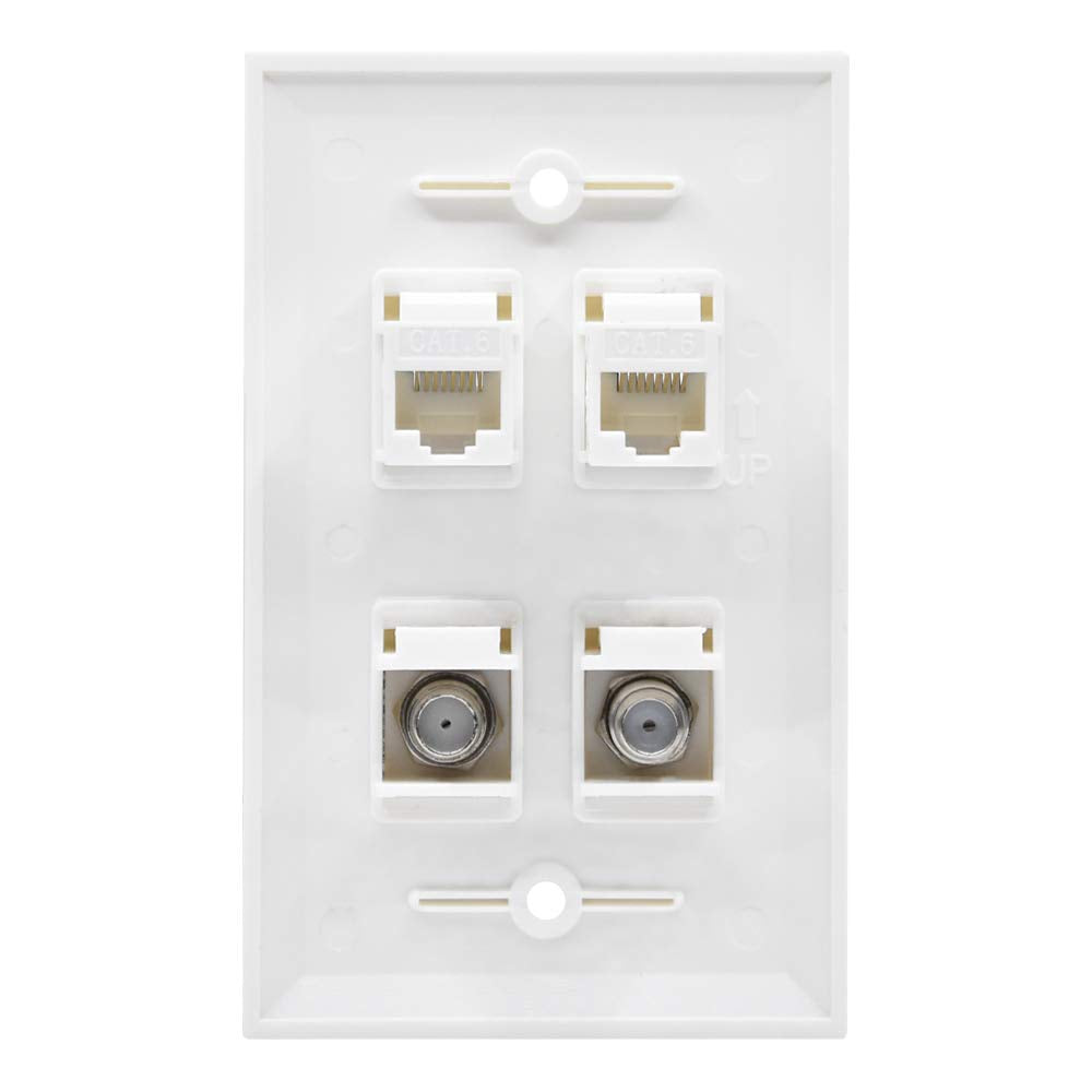 ESYLink BUPLDET 2 Ethernet & Coax Wall Plate - Double Cat6 Jacks, 4 Port, White, Model 8541768130