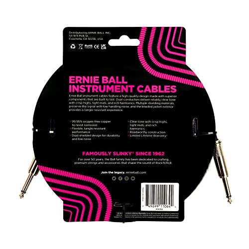 Ernie Ball Braided Instrument Cable, Straight Straight, 18Ft, Purple/Black