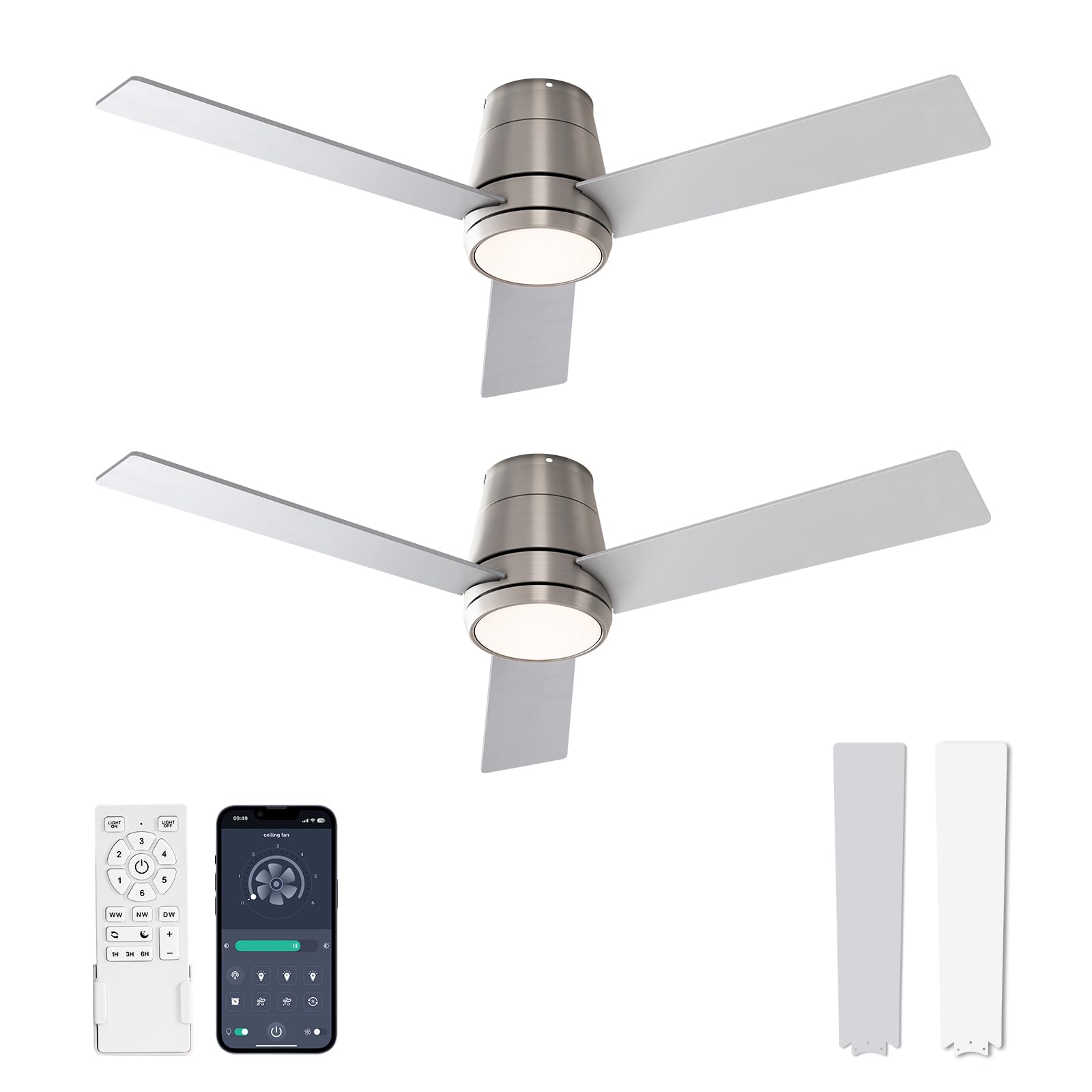 warmiplanet Ceiling Fans with Lights, 42 Inch Low Profile Ceiling Fan with Light and Remote/APP Control(2 Pack),Brushed Nickel,3