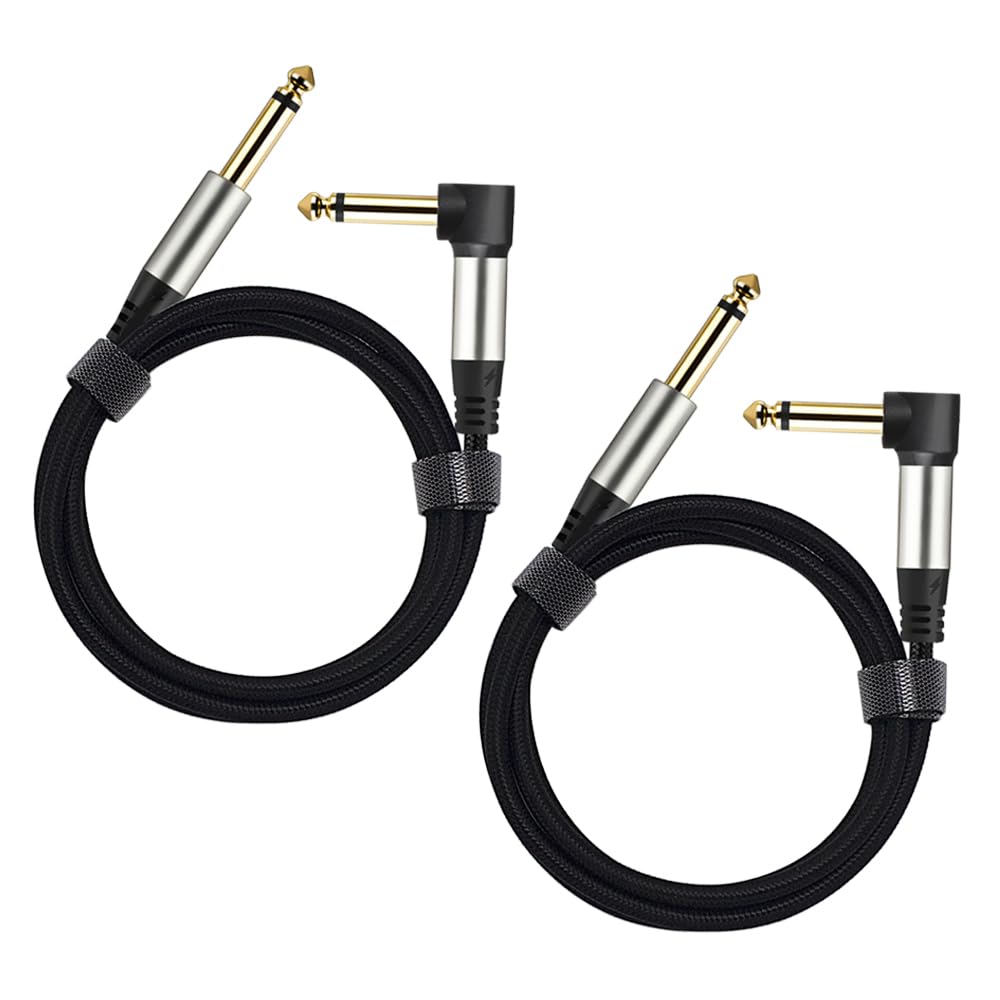 Adoerpai 2-Pack Guitar Cables 1/4 Inch 6.35mm Male to Male Jack Right Angle to Straight Nylon Braided TS Mono Instrument Cable (