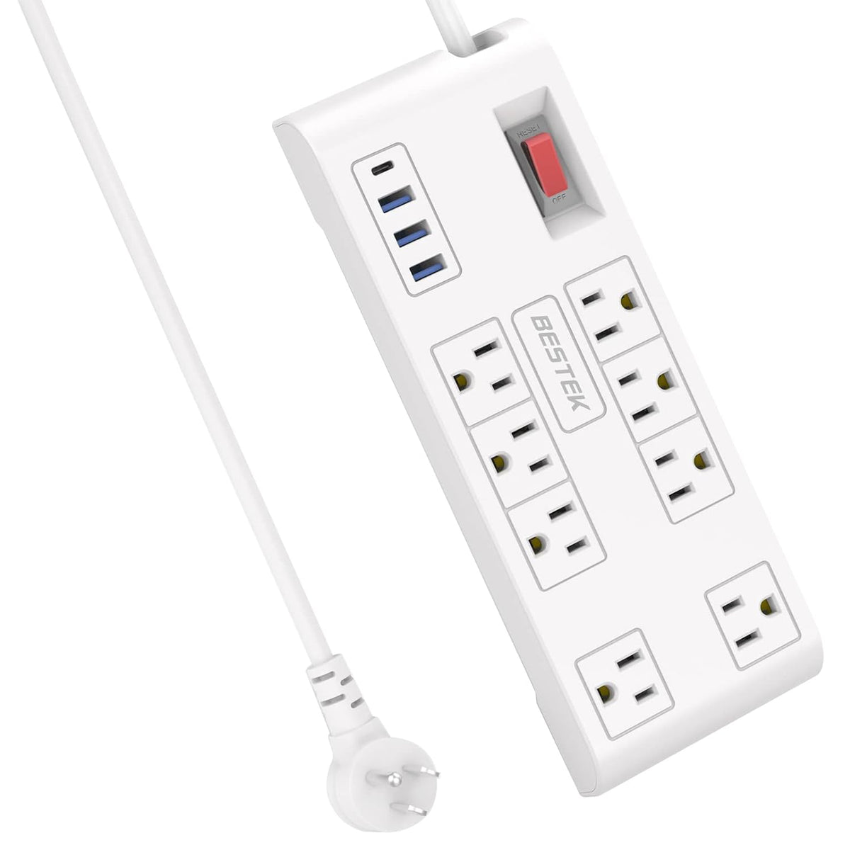 Bestek 8 Ac Outlet, 5 Feet Extension Cord Power Strip With 3 Usb A 2.4A 1Usb C 3A, Max Output 1625W 13A, 600Joule, Ultra Compact