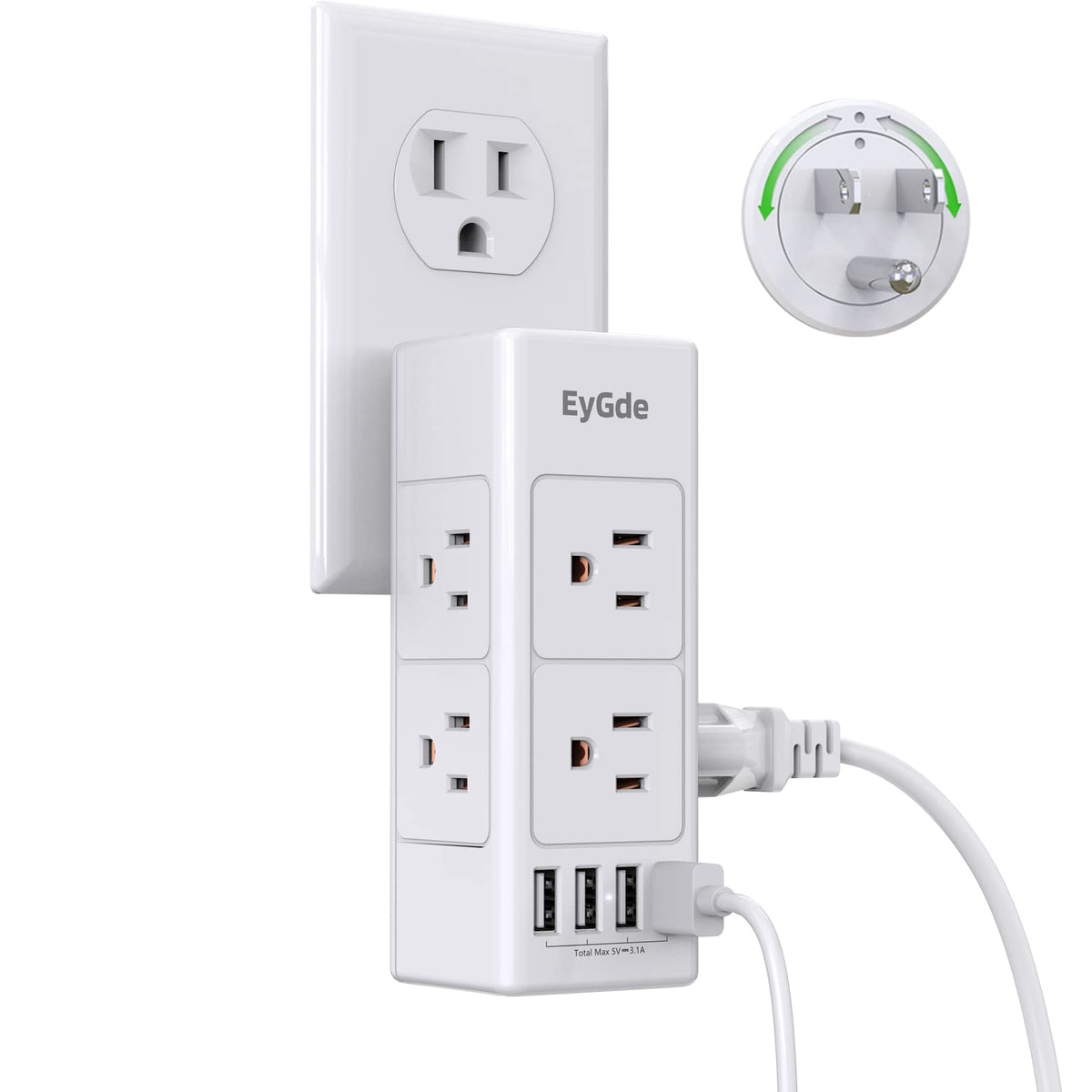 Multi Plug Outlet Extender, Eygde Outlet Splitter With Rotating Plug, 6 Wall Outlet Widely Space (3 Sided) And 4 Usb Ports, Wall
