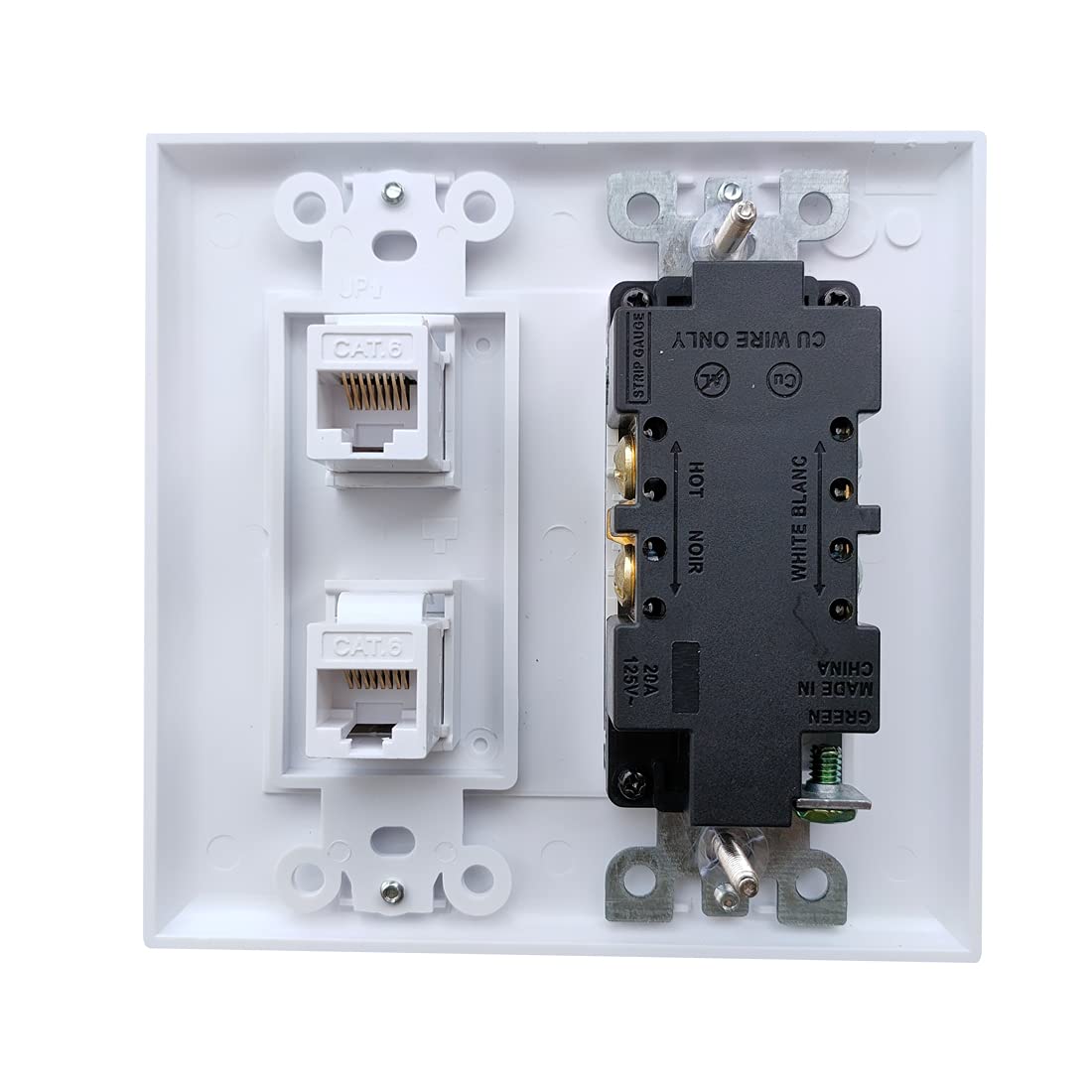 Boplat 20Amp Power Outlet With 2 Cat6 Ethernet Port   Double Gang Ethernet And Electrical Outlet Cover Plate With 2 Cat6 Rj45 Ke