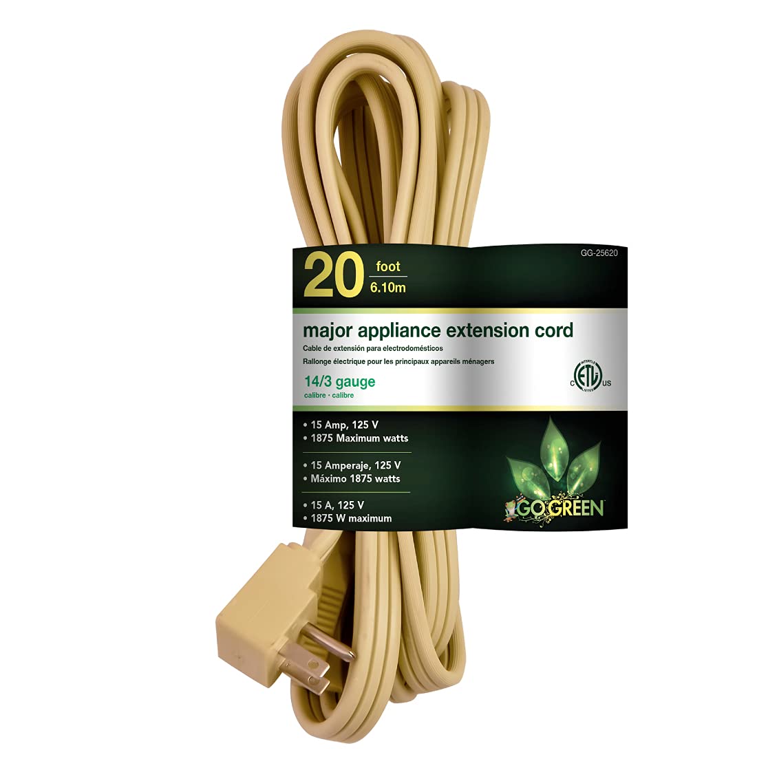Go Green Power Inc. 20Ft Appliance Cord, Beige   14/3 Spt 3, Heavy Duty, Grounded Plug, Kink Free, Ideal For Large Indoor Appliances