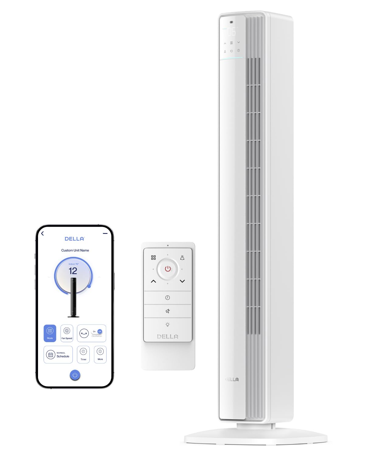 Della 42 Smart Tower Fan for Bedroom, 28ft/s Airflow, Ultra Quiet 23dB, Cooling Fan with 12 Speeds, 90 Oscillating, DC Motor, 24