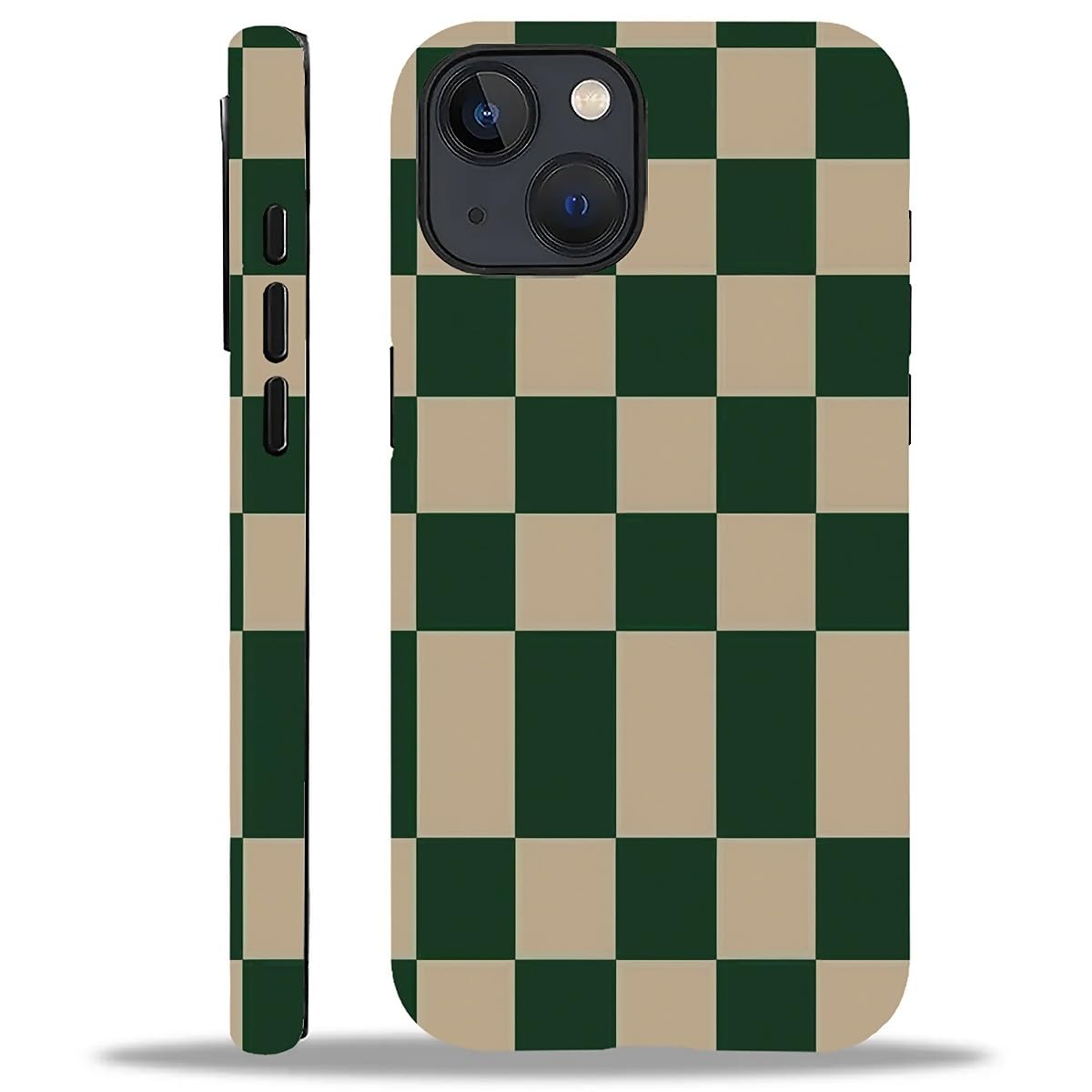 WANKBLC Compatible with iPhone 14 Plus Matte Case, Dark Green Beige Checkerboard Pattern for Girl Full Body Design Soft Silicone