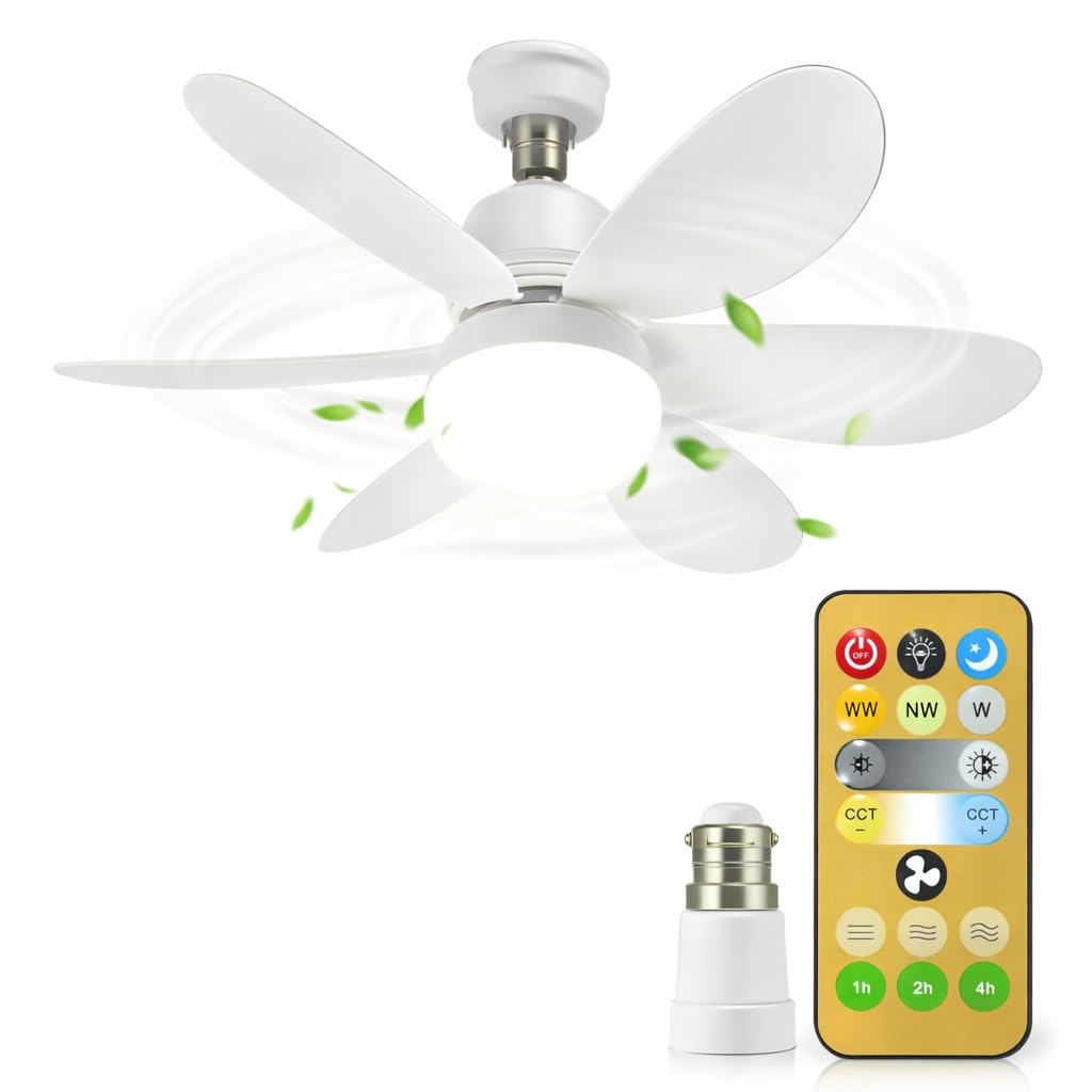 Gesto Portable Ceiling Fan With Led Light | B22 Plug & Play Fan Light With Remote | 3 Speed Fan | 3 Color Light (3000K/4500K/650