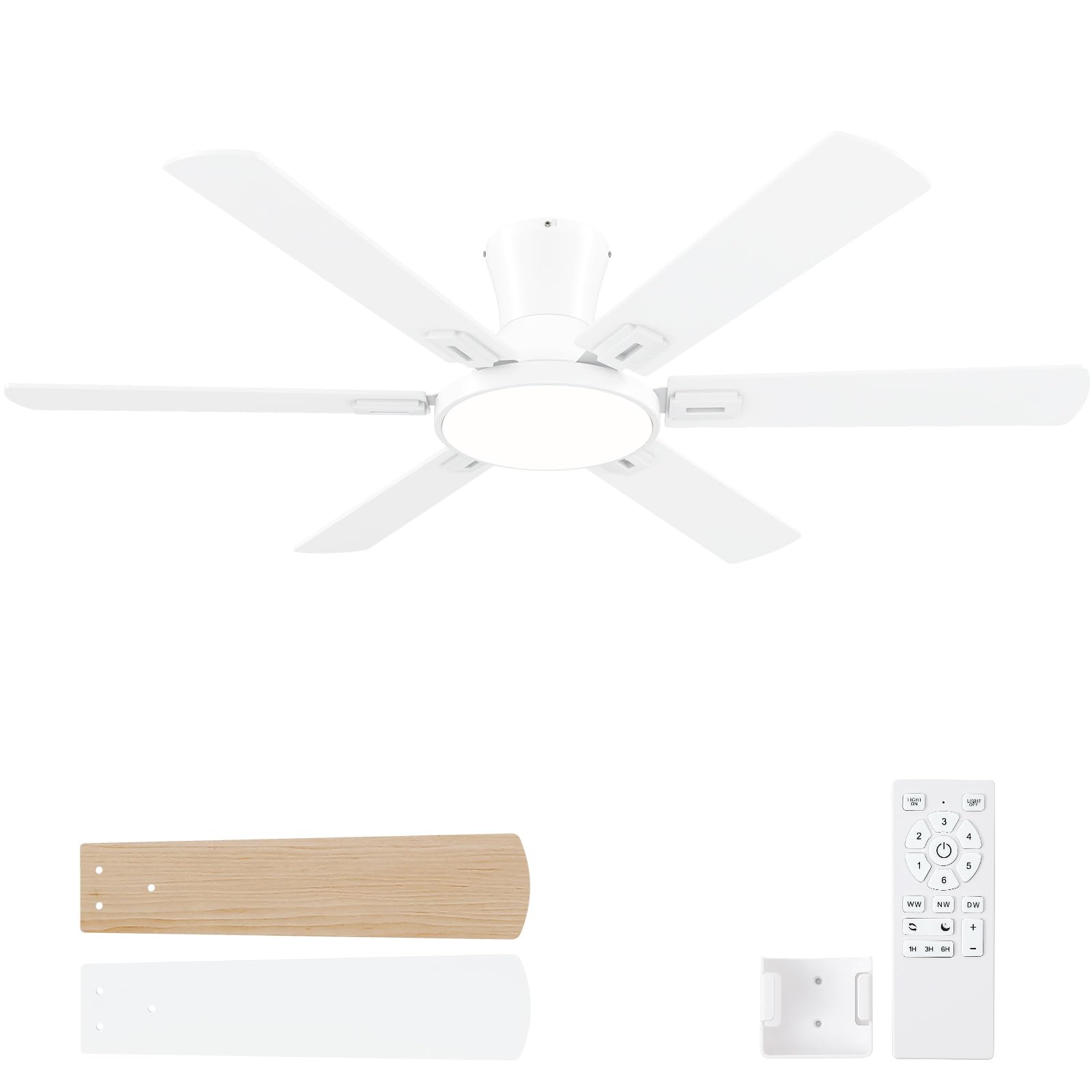 BatQueen 52 Inch White Ceiling Fans with Lights and Remote,Flush Mount Low Profile 6 Blades Ceiling Fan with 10 Inch Lighting Fi