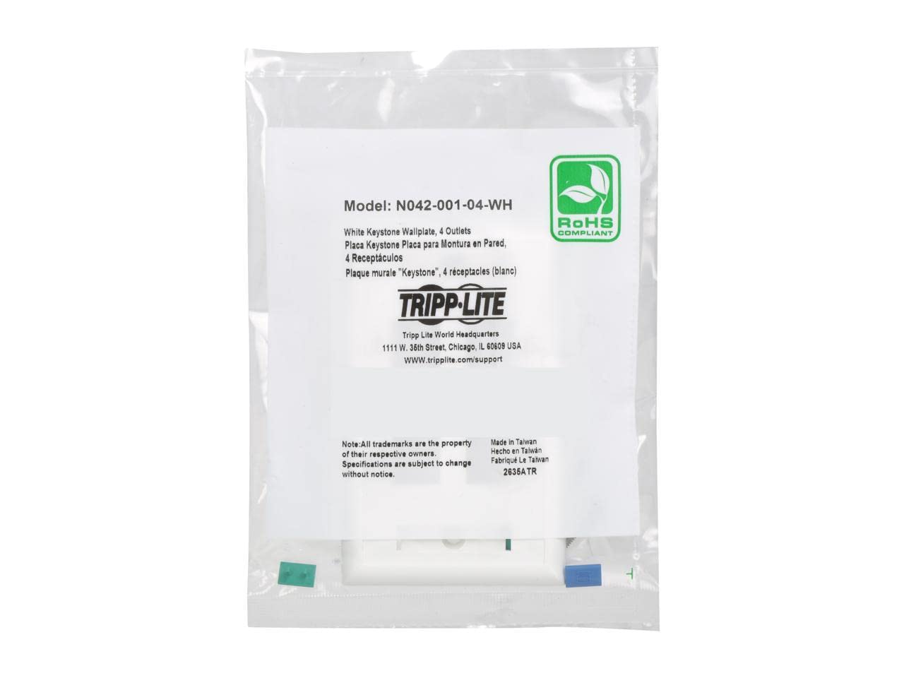 Tripp Lite Quad Outlet Rj45 Universal Keystone Face Plate / Wall Plate, White, 4 Port (N042 001 04 Wh)