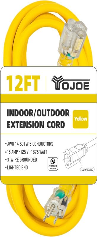 Yojoe Indoor Outdoor Extension Cord With Lighted End, 3 Prong 15A Weatherproof Power Extension Cord, 14 Gauge Heavy Duty 12 Ft Y