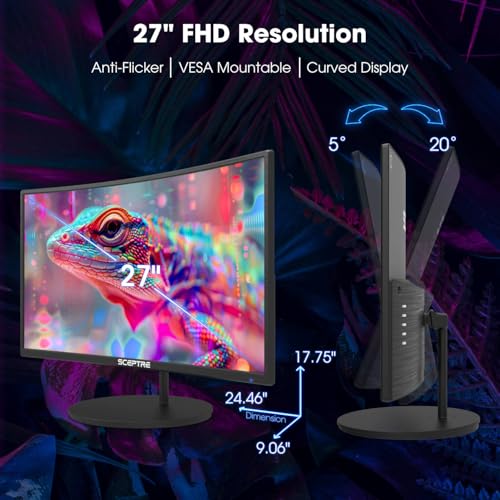 Sceptre Curved 27 Fhd 1080P 75Hz Led Monitor Hdmi Vga Build-In Speakers, Edge-Less Metal Black 2019 (C275W-1920Rn)