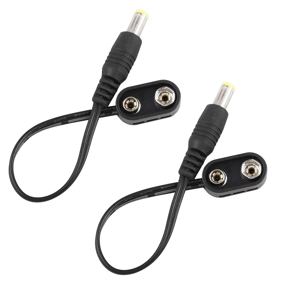 Mr.Power 9V Battery Clip Converter Power Cable Snap Connector 2.1mm 5.5mm Plug for Guitar Effect Pedal (Straight Angle, 2 Cable)