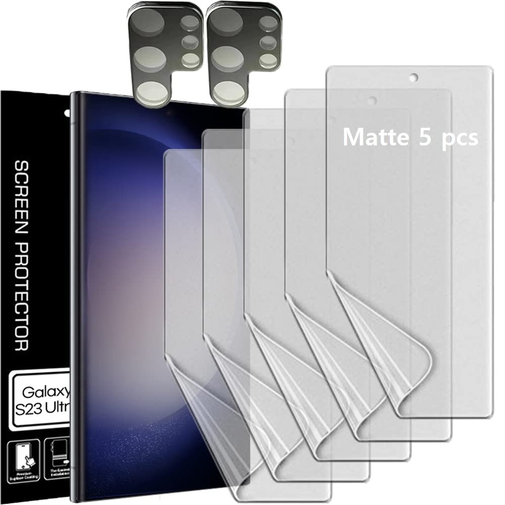 [5+2] 5 Anti Glare(Matte) Tpu Film Screen Protector + 2 Lens Protector Compatible With Samsung Galaxy S23 Ultra 5G 2023 Easy To