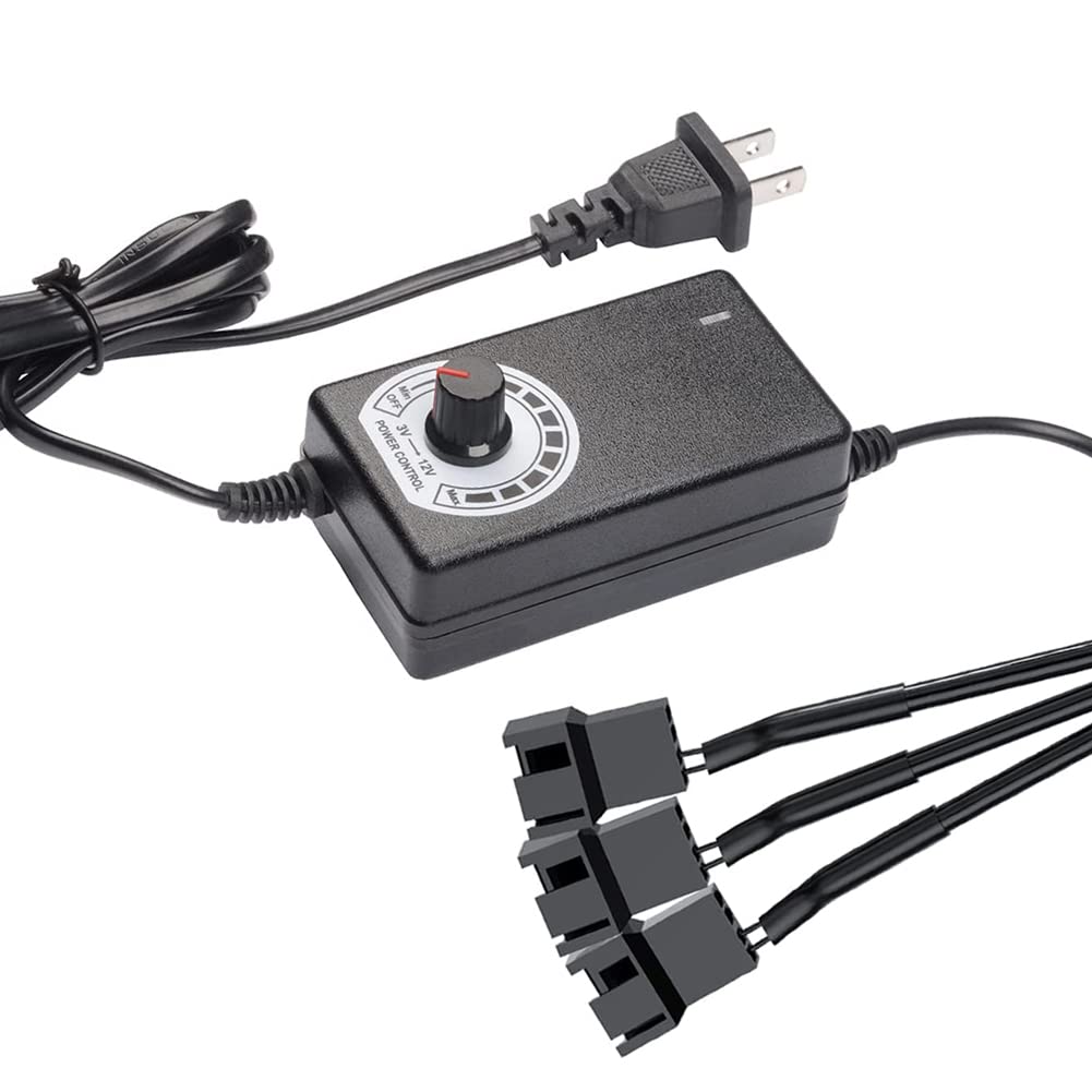Delinx Triple 3-Pin and 4-Pin PC Fan Power Adapter, 12V Fan Speed Controller,100-240vAC to 3-12vDC Adjustable Power Supply
