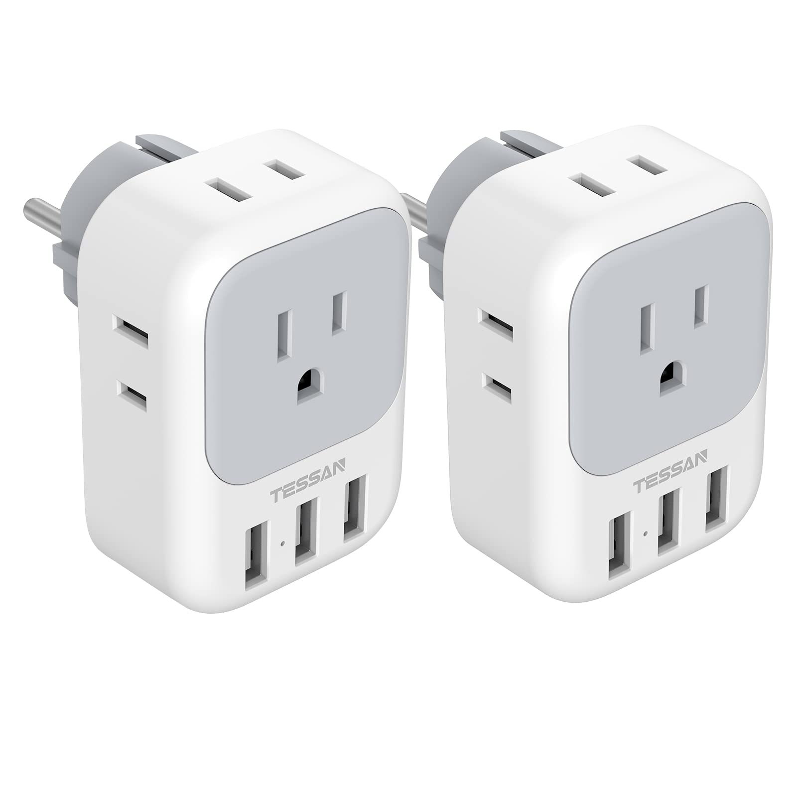 Tessan Type E F Plug Adapter 2 Pack, Germany France Power Adapter, Schuko Outlet Converter With 4 Ac Outlets 3 Usb Ports, Travel
