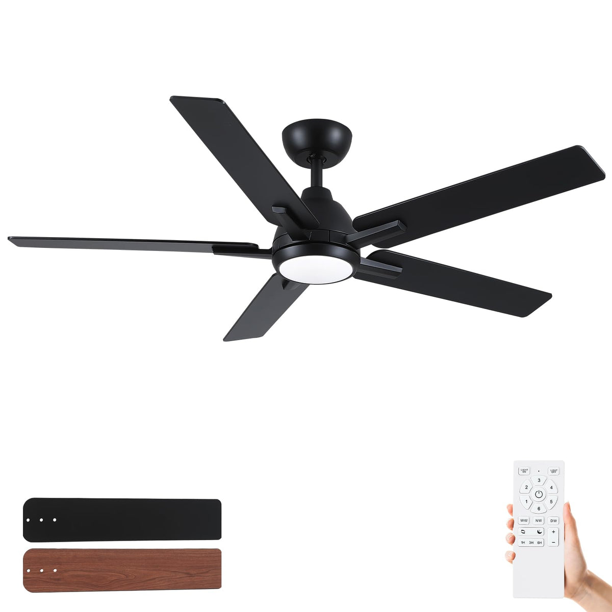 52 Inch Ceiling Fans With Lights And Remote,Black Ceiling Fan With 5 Dual Sided Blades,Downrod,Quiet 6 Speed Reversible Dc Motor