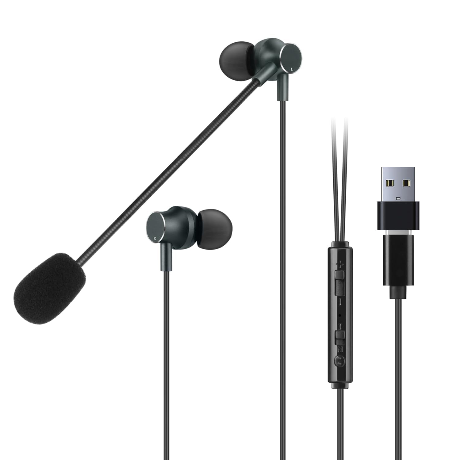 DUNGZDUZ USB Earbuds with Boom Mic for Computers and Smartphones, in-Ear Headphones with USB-A & USB-C Connectivity for Laptop, 