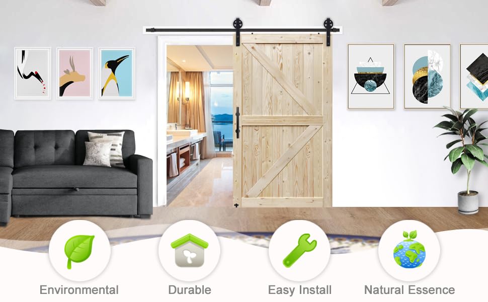 S&Z Tophand 44 In. X 84 In. Unfinished British Brace Knotty Barn Door With 8Ft Sliding Door Hardware Kit/Solid Wood/Sliding Door