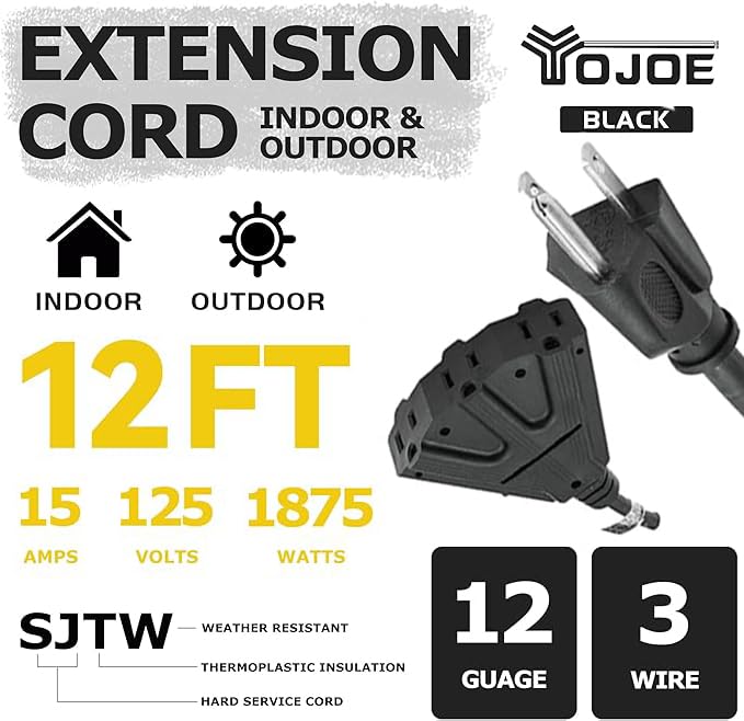 Yojoe 3 Outlets Indoor Outdoor Extension Cord, 3 Prong 15A Weatherproof Power Cord Multiple Outlets, 12 Gauge Heavy Duty 12 Ft B