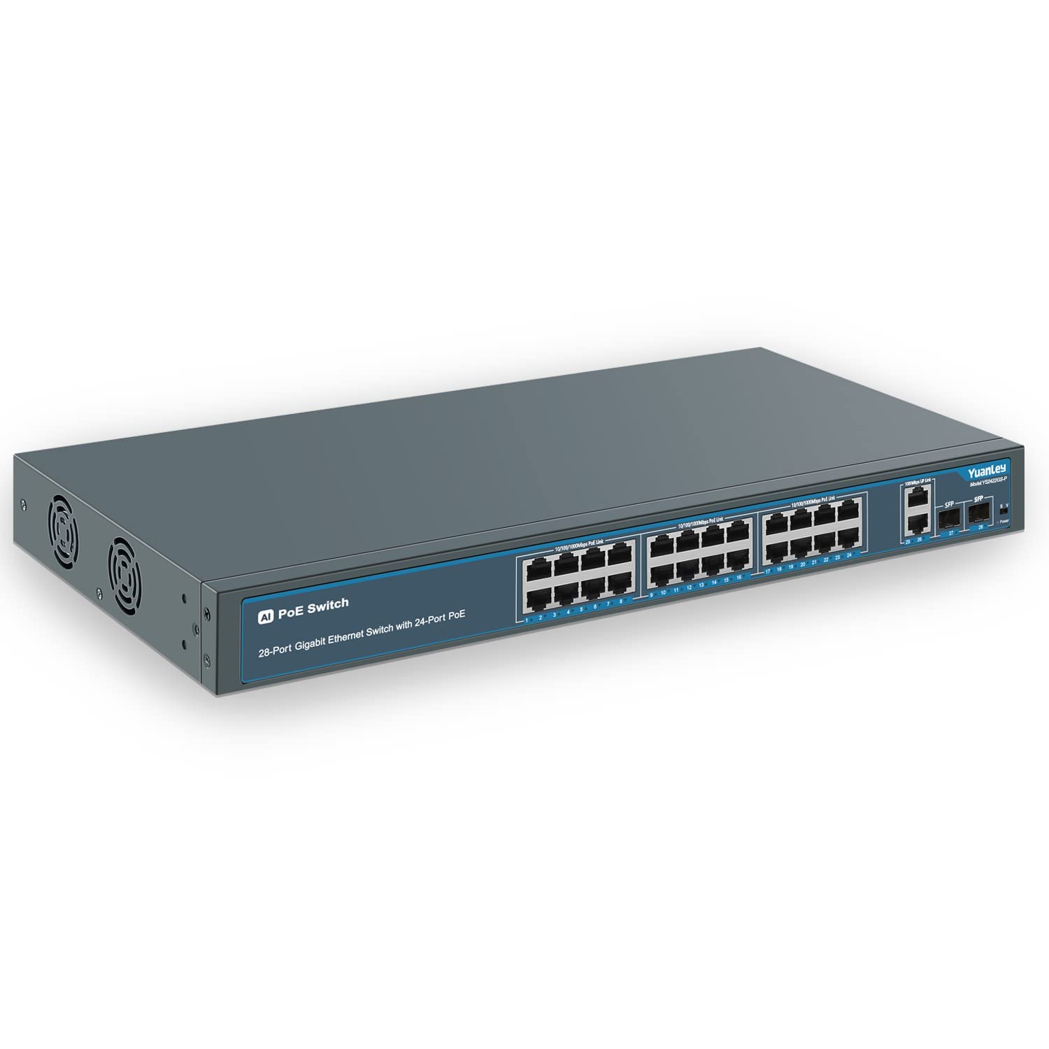 24 Port Gigabit Ethernet Poe Switch With 2 Uplink Gigabit Port & 2 Sfp Port, Yuanley Unmanaged 24 Port Poe+ Network Switch, Rack