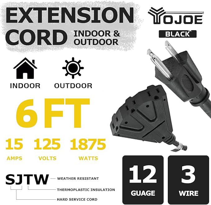 Yojoe 3 Outlets Indoor Outdoor Extension Cord, 3 Prong 15A Weatherproof Power Cord Multiple Outlets, 12 Gauge Heavy Duty 6 Ft Bl
