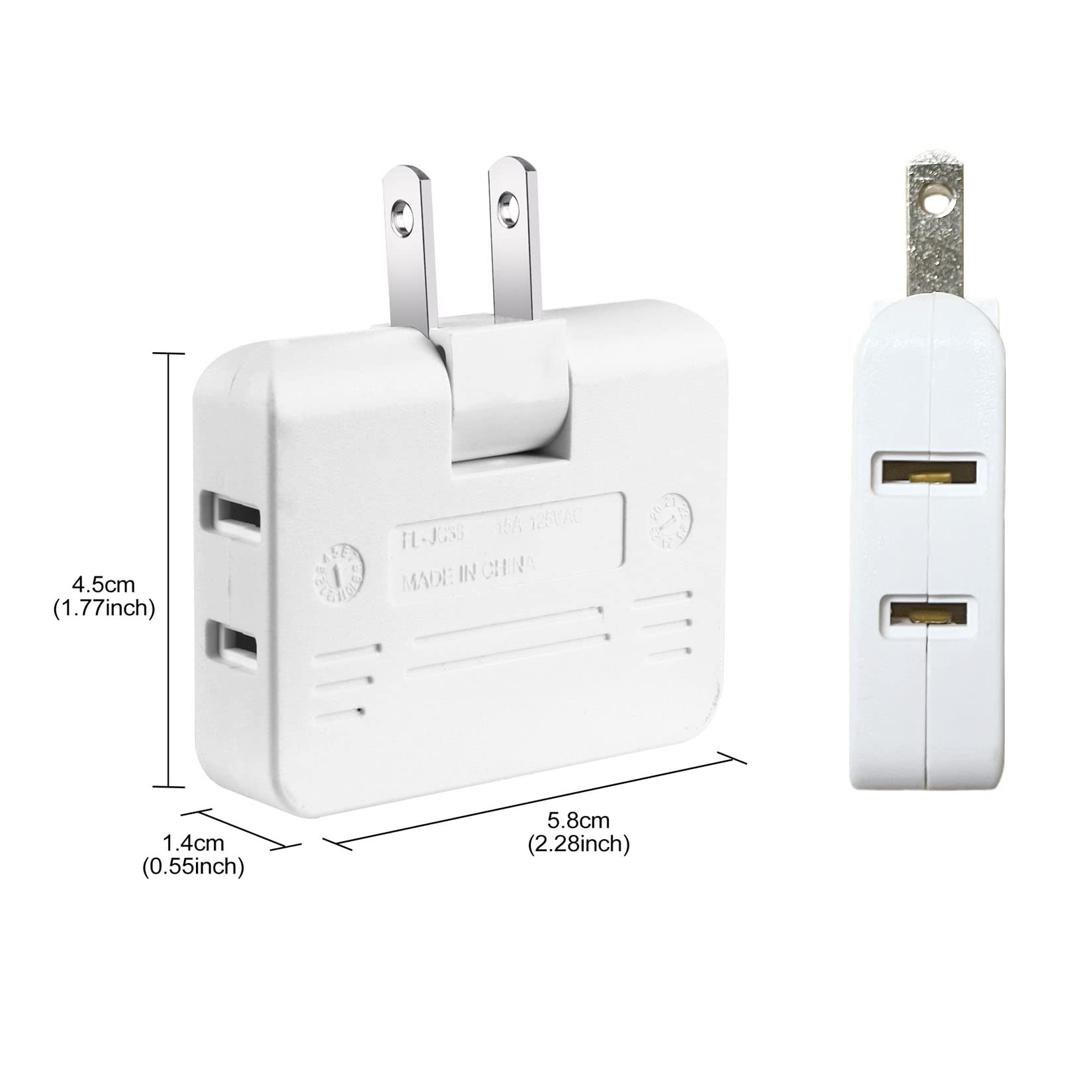 3 Way Flat Wall Plug Outlet Adapter   2 Prong Swivel Mini Indoor Wall Tap Plug,Portable Outlet Splitter,Rotating Mini Extension