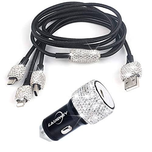 Bling Car Charger Accessories Set,Rhinestone Dual Usb Car Chargers + Bling 3 In1 Nylon Braided Charging Cable,Bling Crystal Deco