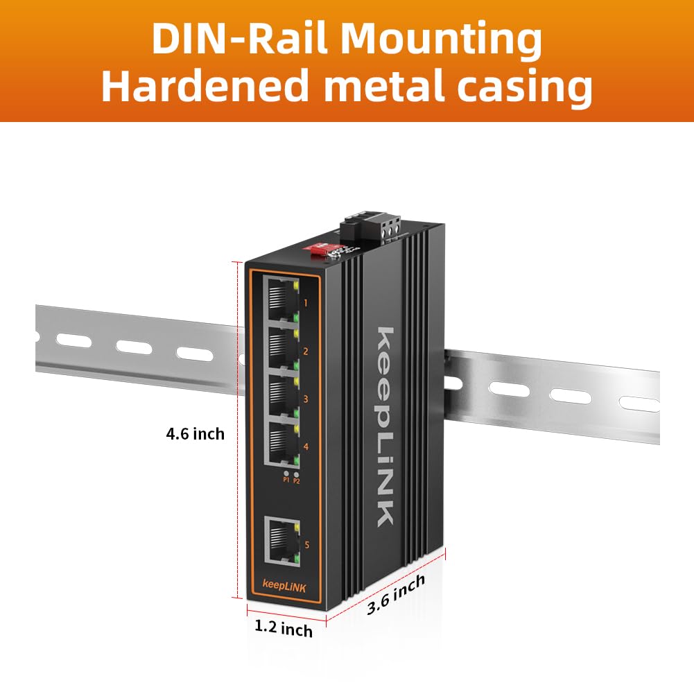 Keeplink 5 Port Industrial Poe Switch Unmanaged, 125W Fast Ethernet Din Rail Switch, Ip40, Operating Temperature Range Of  30