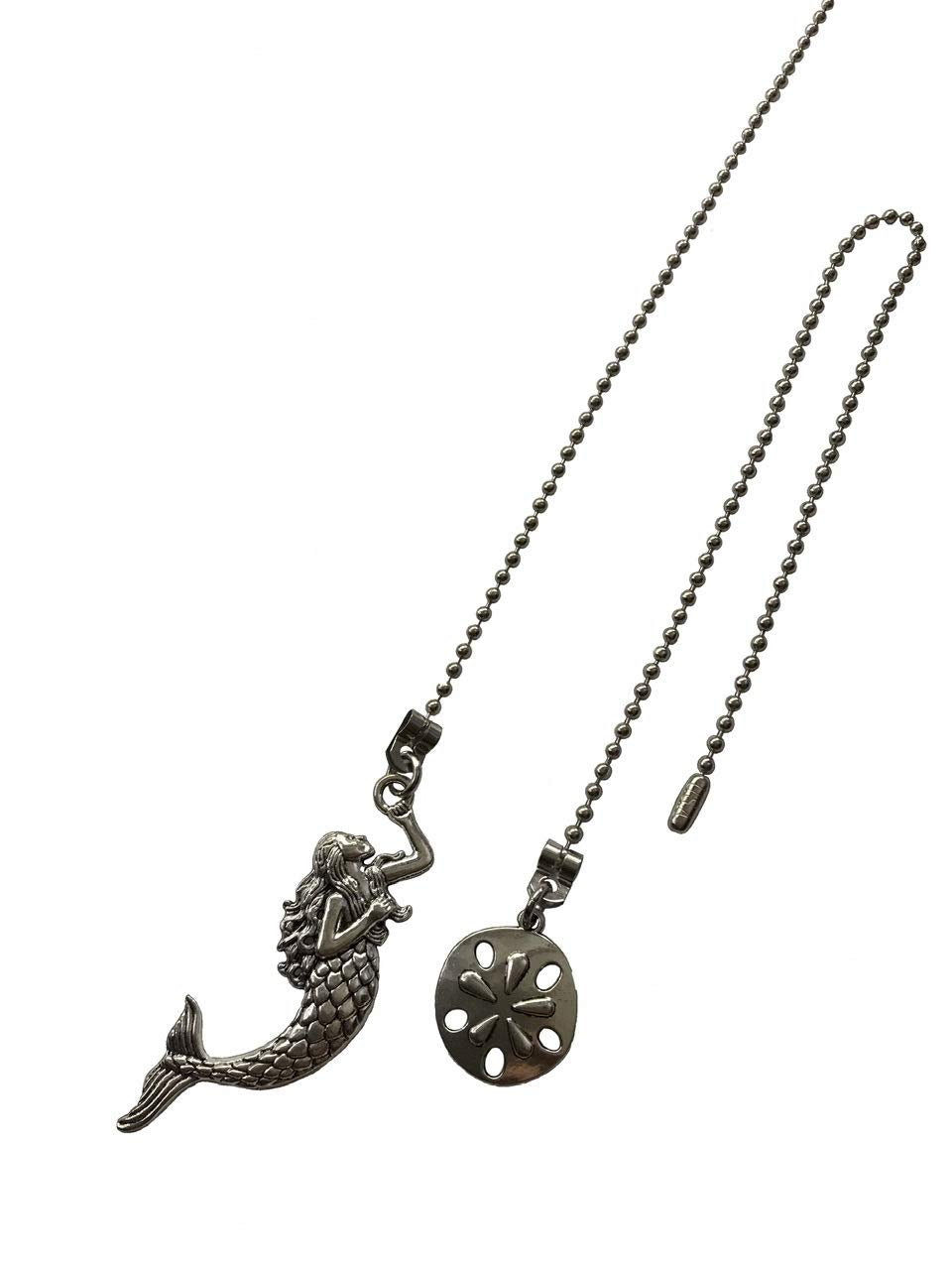 Large Mermaid & Sand Dollar Fan Light Pull Chain Ornament Extender Set Silver Tone
