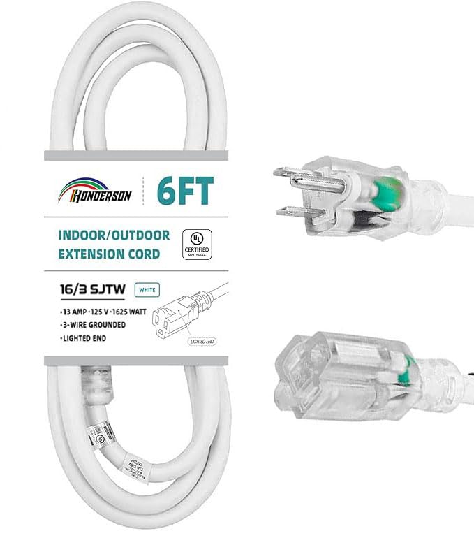 Honderson Indoor Outdoor Extension Cord Weatherproof With Lighted End, Ul Listed, 16 Gauge 6Ft White 3 Prong Heavy Duty Extensio