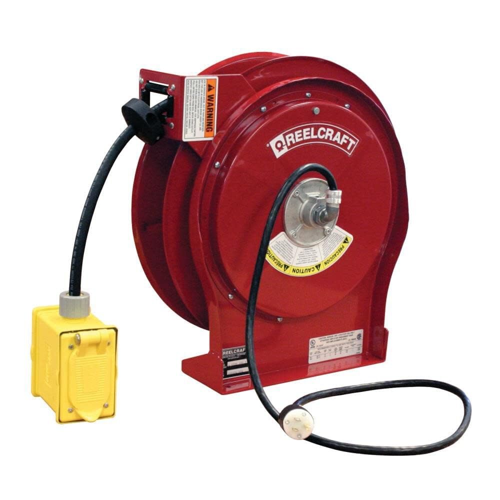 Reelcraft L 5550 123 7 Heavy Duty Power Cord Reel, 12 AWG/3 Conductors x 50, 15 AMP, Duplex GFCI Outlet, Cord Included, Red